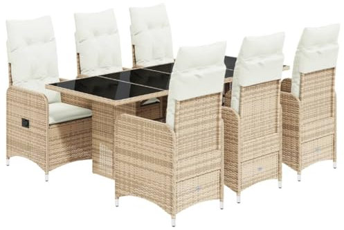 vidaXL Garten Bistroset 7-TLG., Balkonset mit Kissen, Gartenmöbel Tisch 6 Verstellbare Stühle, Balkonmöbel Sitzgruppe Gartengarnitur, Beige Poly Rattan