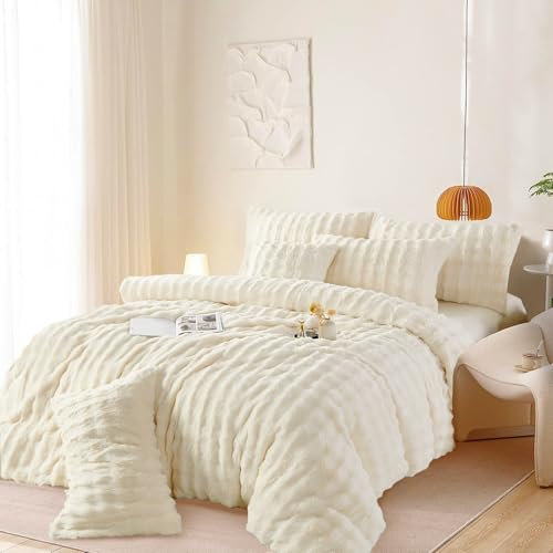 Gezu Winter Bettwäsche Plüsch 155x220 Beige Creme Flauschig Bettbezug Set Fleece Flanell Winterbettwäsche Warm Super Weich Plüschbettwäsche und Kopfkissenbezüge 80x80 cm mit Reißverschluss