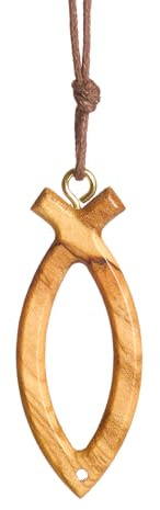 Nazareth Fair Trade Collar Cruzado de Jesús Fish Ichthys hecho a mano con símbolo de madera de oliva, Madera de oliva