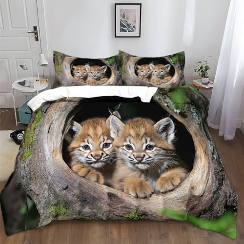 XCQHZYQ Bettwäsche 200x200 cm Baumlochtier Luchs Bettwäsche Set Baumwolle Polyester Bettbezug mit Reißverschluss und 2 Kissenbezug 80x80 cm, für Allergiker Geeignet