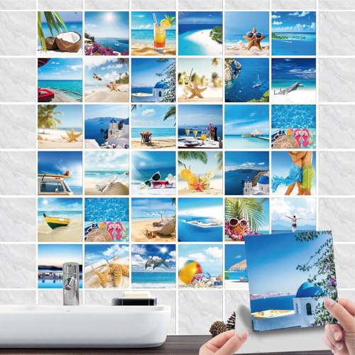 36 Stück Fliesenaufkleber Bad & Badezimmer Selbstklebende- Fliesenfolie PVC mit Strand Meerblick & Seestern-Wasserdicht Fliesensticker für Wand-fliesen Dekorative (04, 10x10cm)