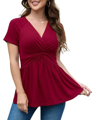 TIANZHU Womens V Neck Blouses Peplum Tops Short Sleeve Casual T-Shirt Perfect for Work, Daily, Going Out, Wine red, Size 20-22