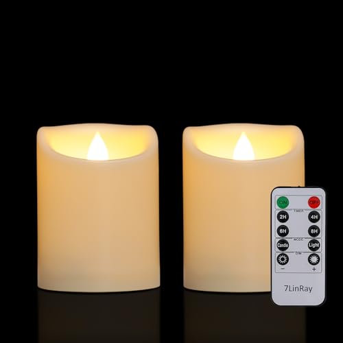 7LinRay 2 Pack 3 x 4 Outdoor Candles with Remote, Flickering Battery Operated LED Pillar Candles, Waterproof Flameless Candles for Home, Wedding Decor, Ivory, Plastic, Won't Melt