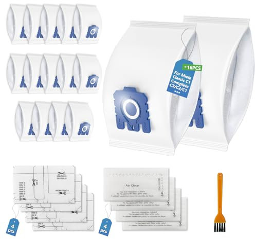16 Pack GN Vacuum Cleaner Bags with 8 Filters Compatible with Miele Hoover Bags Classic C1, Complete C3/C2/C1,S227,S270,S400i,S600,S800,S2000,S5000,S8000,S2,S5,S8,Compact C1/C2,Series Vacuum Cleaners