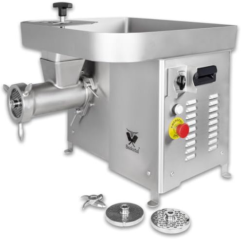 Beeketal 'FW1500P' Industrie Fleischwolf für bis zu 450 kg/Std. Durchsatz mit Rückwärtsgang mit ölgelagertem Getriebe und direktübersetztem 1500W Motor - Inkl. 2 Messer, 3 Lochscheiben, Fleischstopfer