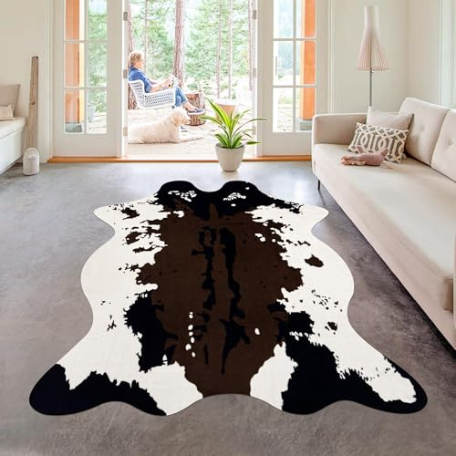 Aoczes Großer Teppich aus Rindsleder, 12 x 150 cm, Kuhfell-Teppich für Schlafzimmer, Wohnzimmer, Kinderzimmer, Büro, Western-Heimdekoration, Teppich, Braun-Weiß