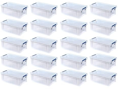 BANKERS BOX 20pk x 10L Plastic Storage Boxes with Lids. ProStore Super Strong Stackable Plastic Storage Boxes (14 x 34 x 21.5cm), Made in the UK, Clear