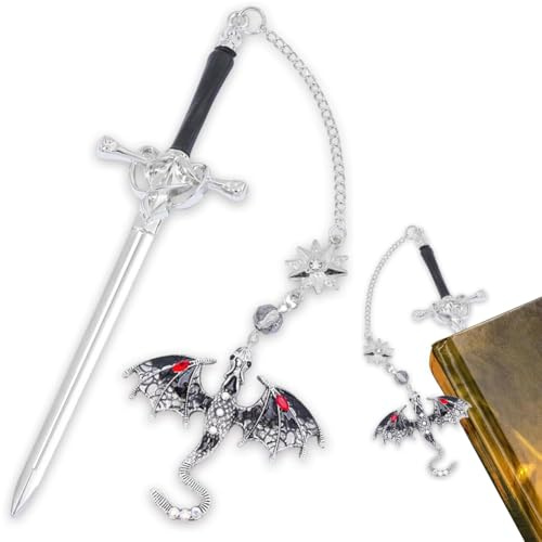 Schwerddrachen Lesezeichen.Lesezeichen Metall, Schwert Bookmark mit Kristall Anhänger, Vintage-Stil, Anhänger Jubiläumsgeschenk, Lesezeichen, Geburtstag, Lehrer (20.5 * 6 * 7.2CM) (Grau)