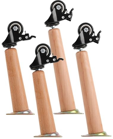 Lot de 4 pieds de meubles en bois de hêtre avec roulettes et frein – Remplacement en bois massif pour canapé, bureau, table et lit