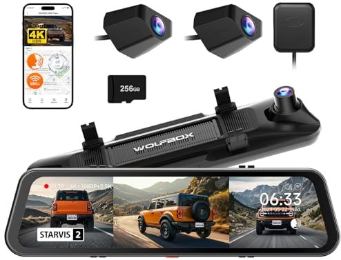 WOLFBOX G900Tripro Stoßstangen-Ausführung 3 Kanal 4K Rückfahrkamera Spiegel | 8MP STARVIS 2 IMX678, 4K+2.5K+1080P Dashcam Auto Vorne Hinten für Stoßstange, 5.8GHz WiFi, Sprachsteuerung, 256GB-Karte, GPS