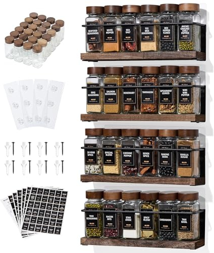 KitHero 4-Tier Wall Mount Spice Rack Organizer with 24 Glass Jars, 216 Labels & Funnel - Screw/Adhesive Mount, Black Metal & Wood Spice Storage for Kitchen Pantry Cabinet, 11.6”L x 2.4”W x 3.2”H
