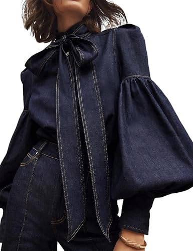 Womens Denim Blouse Pullover Bow Embellished Long Puff Sleeve Jean Buttoned Vintage Shirts Tops Denim Blue XXL