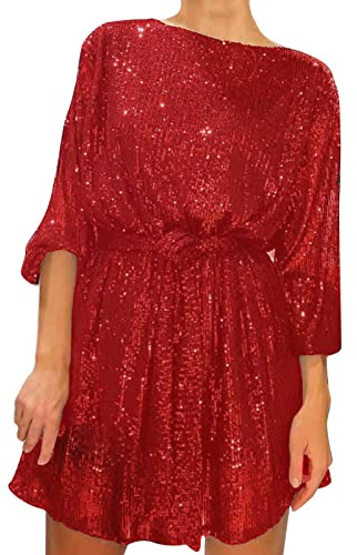 Silvester Outfit Damen Schwarz Festliche Paillettenkleid Elegant Glitzerkleid Abendkleider SexyLangarm Glitzer Kleid Party Festlich Kleider Figurbetontes Pailettenkleider Silvesterkleid (Red, M)