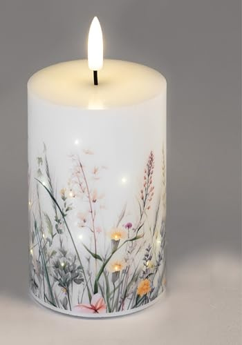 LED-Kerze mit Wiesenmotiv Dekoration, Stumpenkerze aus Fiberglas, 7x10cm, Batteriebetrieben