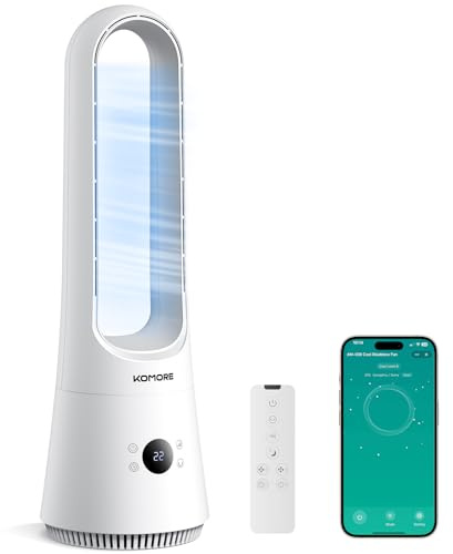 KOMORE Bladeless Tower Fan, 8 Speeds, 9H Timer, Tower Fan for Bedroom, Silent DC Motor, 90°Oscillating Bladeless Fan with Remote/APP, Safe Design Cooling Fans for Home, Office, Living Room, White