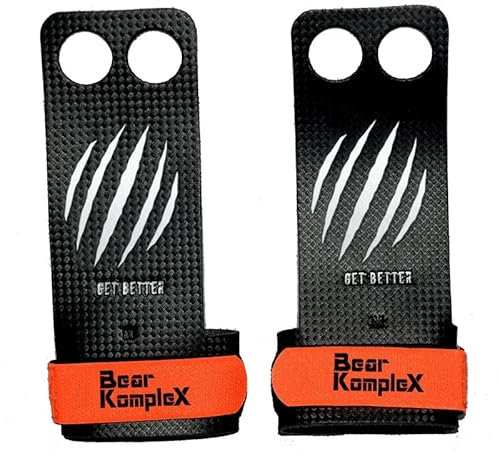 Bear KompleX 2 Hole Gymnastics Grips are Great for WODs, pullups, Weight Lifting, Chin ups, Cross Training, Exercise, Kettlebells, More. Protect Your Palms from rips and Tears! LRG 2hole Carbon