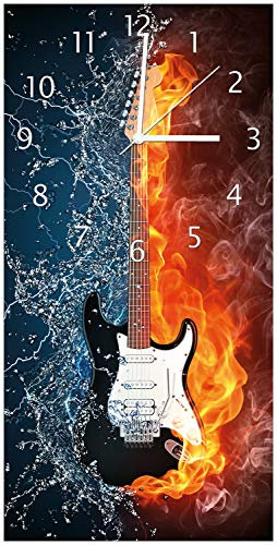 Wallario Design-Wanduhr Feuer-Wasser-Gitarre aus Glas, Motiv-Uhr Größe 30 x 60 cm, weiße Zeiger