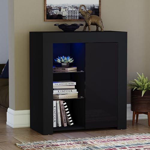 Vida Designs Azura 1 Door Modern LED Sideboard in Black, RGB Lights (Fade/Strobe Options Included), High Gloss