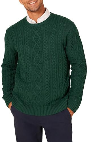 Amazon Essentials Jersey de Manga Larga 100% de Algodón con Trenzado Aran y Cuello Redondo Hombre, Verde Oscuro, M