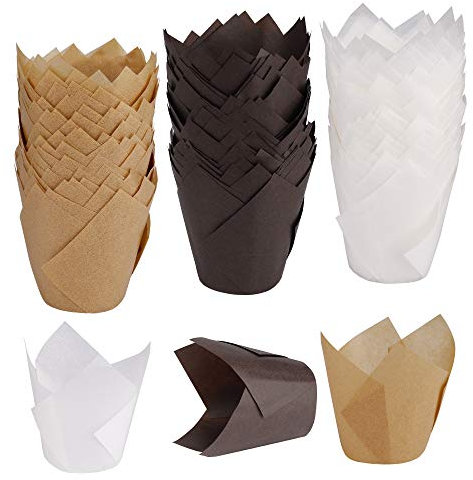 ISIYINER Backförmchen aus Papier Tulpe Muffin Fälle Cupcake Liner Wrapper für Hochzeiten Geburtstage Baby-Duschen 150 Stücke (Braun, Natürlich und Weiß)