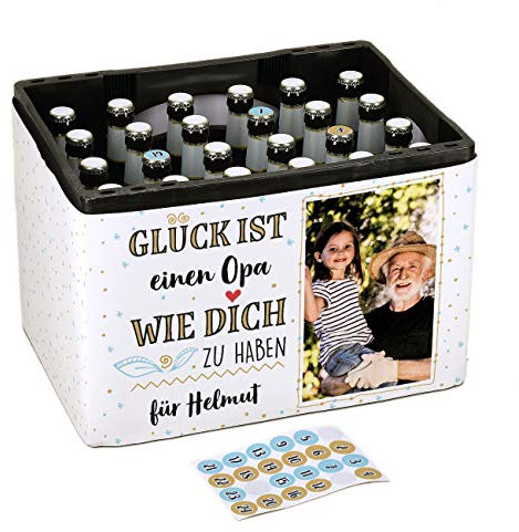 Herz & Heim® Ultimativer Männer Adventskalender - DIY - Banderole für Bierkasten und 24 Aufkleber für Kronkorken Glück ist mit Foto