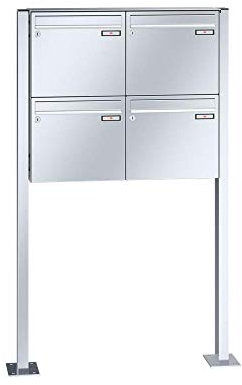 RENZ/Basic B / 4er Freistehende Briefkastenanlage Standbriefkasten / V4A-Edelstahl/Volumen 17 L/mit Fußplatten/Dein-Briefkasten.de
