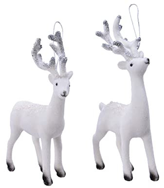Decoris Christbaumschmuck Kunststoff 16cm x 1 Stück Sortiert Hirsch Samt mit Glitzer bruchsicher weiß