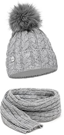 ELIMELI® Mütze Schal Damen Winter Kombi Set - warme Strickmütze Wintermütze mit Bommel und EIN passender XL Schal - Slouch Strick Beanie Bommelmütze Made in EU 15568 (Grau)