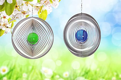 Illumino Edelstahl Windspiel 2er Set Kreis-Raute-Kreis und Kreis mit grüner 35mm Glaskugel für Garten und Wohnung Gartendeko Wohn und Fenster Deko