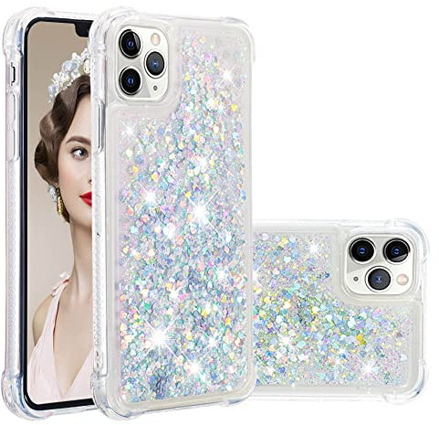 IMEIKONST Compatible with iPhone 11 Pro Max Glitter Case, Liquid Sparkle Quicksand Clear Transparent Sequin Slim Girls Soft TPU Bumper Silicone Shockproof Cover for iPhone 11 Pro Max. Love Silver YBW