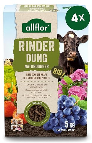 Allflor Rinderdung gekörnt - 4 x 5 Kg - Rinderdungpellets in der Faltschachtel - Wirtschaftsdünger von Rindern - Biologischer Gartendünger - Rindermist - Fördert die Humusbildung