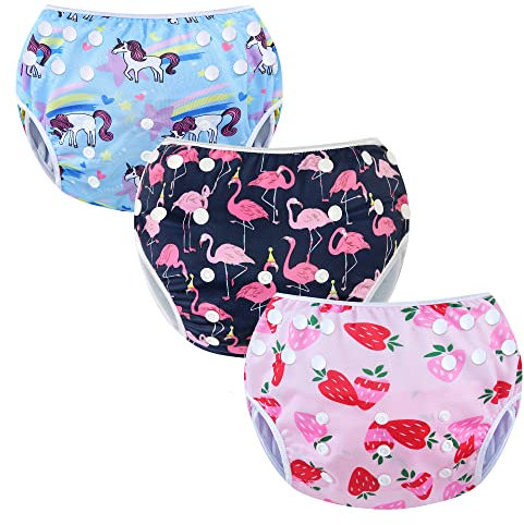 Codkkre Schwimmwindel Baby Wiederverwendbare Schwimmwindel Verstellbarer Junge Mädchen 3 Stück Schwimmhose von 0 bis 3 Jahren(Flamingo+Einhorn+Erdbeere)