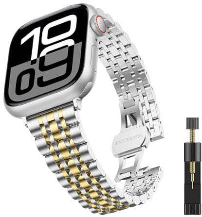 WoPail Armband Damen Kompatibel mit Apple Watch 41mm 40mm 38mm Series 10 42mm/9/8/7/6/5/4/3/2/1, Metall Edelstahl Ersatzarmbänder Prämie Slim Frauen Armbänder für iWatch SE/SE 2 - Silber&Gold