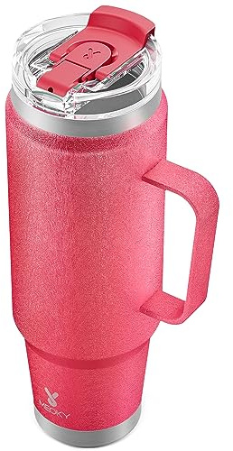 Meoky 40oz Tumbler with Handle, Stainless Steel Travel Mug with 2-in-1 Straw and Sip Lid, Vacuum Insulated Coffee Mug, 100% Leak Proof, Keeps Cold for 34 Hours or Hot for 10 Hours (Ruby)