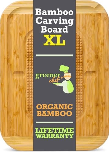 GREENER CHEF 18 Inch Extra Large Organic Turkey Carving Board with Lifetime Replacements - XL Wooden Butcher Block Meat Cutting Board with Pour Spout