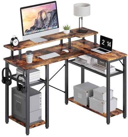 TREETALK Computer desk, L-shaped Corner Desk with 2-Layer Storage on Both Sides,PC Laptop Table with Large Monitor Stand,Desk Lamp Stand, 2 PCS Hooks for Office Home (Rustic Brown)