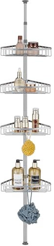 QIUFEN Telescópica Estantería Ducha, Esquina Estante Ducha, Estanteria baño Sin Taladro, Estanteria Ducha con 4 Cestas para Bañera y Baño, Altura Ajustable 73-302 CM (Gris)