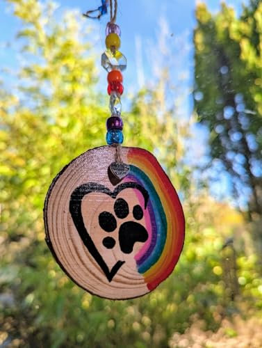 Rainbow Bridge Pet Memorial Suncatcher – Hand-Painted “Paw Print on My Heart” Keepsake – Pet Loss Sympathy Gift for Dog or Cat Lovers – Handmade in the UK by Heather