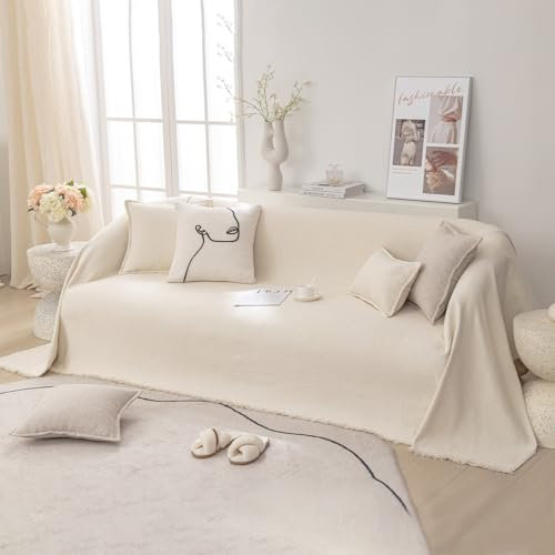 VanderHOME Copridivano in Lino, Nuovo Fodera per Divano Antiscivolo Antimacchia, Copridivano Antiscivolo, Resistente alle rughe e lavabile in lavatrice 180 * 340cm-Beige