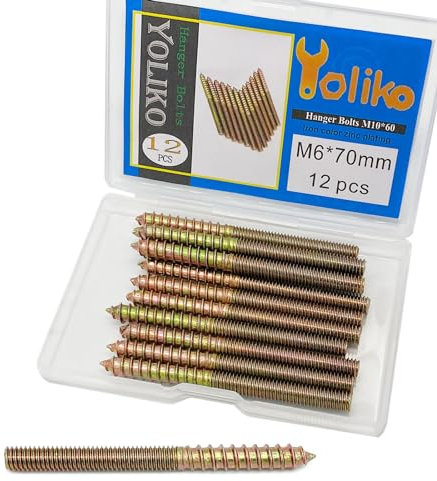 Yoliko Lot de 12 boulons de suspension M6 x 70 mm - Boulons de suspension à double tête de 6 mm - Vis autotaraudeuses pour meubles - Double vis filetées - Longueur : 70 mm