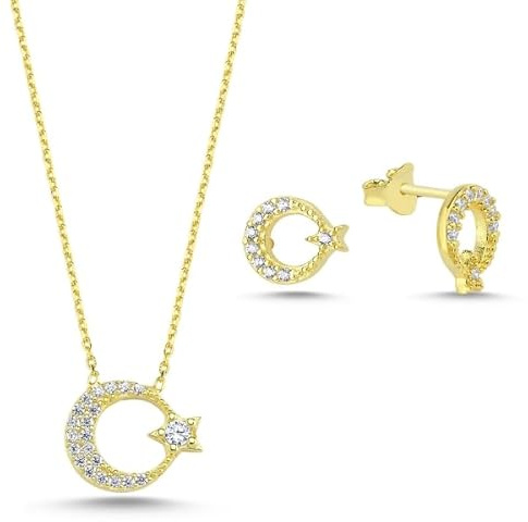 AY YILDIZ Damen Schmuck Ay Yıldız 925 Sterling Silber mit Vergoldung Zirkonia Set Halskette & Ohrstecker Kette Anhänger Ohrringe Halskette, Geschenkidee Muttertag Mama, Damen, mit Geschenkschachtel