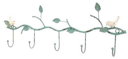 TentHome Garderobenhaken Shabby Chic Kleiderhaken Hakenleiste Vogel und Blumen Zweige Garderobenleiste Wandgarderobe dekorative Wandhaken Handtuchhaken mit 5 Eisenhaken Grün
