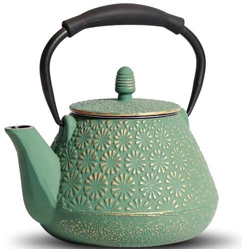 MILVBUSISS Cast Iron Teapot, 950ml Japanese Sakura Blossom Pattern Tea Kettle, Stovetop Safe, Infuser for Loose Leaf & Coffee, Silicone Handle, Enamel Interior, 32oz Green