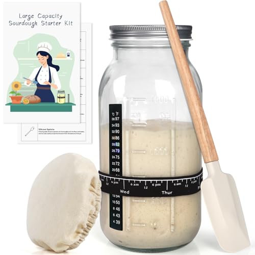 TISEMENT 64oz Sourdough Starter Kit,Pro Extra Large Capacity Sourdough Starter Jar Glass with Silicone Spatula,Thermometer,Feeding Band,Great Sourdough Bread Baking Supplies & Baking Gifts for Women.