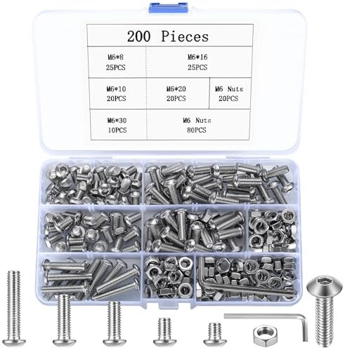 200 Pz M6 Viti Bulloni e Dadi Kit, Viti a Brugola in Acciaio Inox, Bulloni Viti a Testa Esagonale e Dadi Set, Vite a Testa Bottone Brugola con Dado, Viti a Testa Cilindrica Esagonali