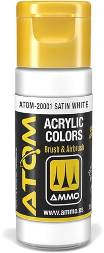 AMMO of Mig Jimenez S.L Atom: Satinweiße Acrylfarbe, 20 ml Flasche