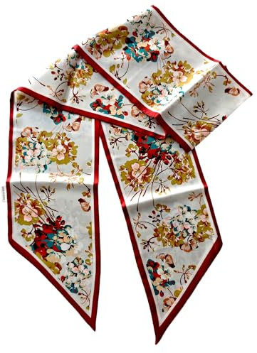 GIMIRO Satin Seidenschal 148 x 13,5 cm Krawatte Double Layer Bund für Blazer, Mantel, Kleid (54# Red - Cream Flower)