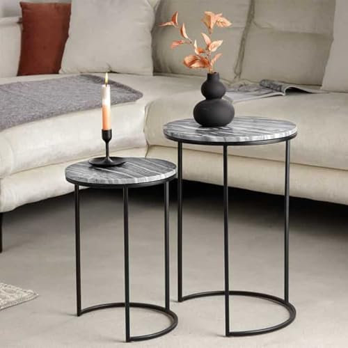 LEBENSwohnART Elegantes Beistelltisch 2er Set MARMO 55cm grau-Weiss Marmor-Dekor schwarzes Metallgestell