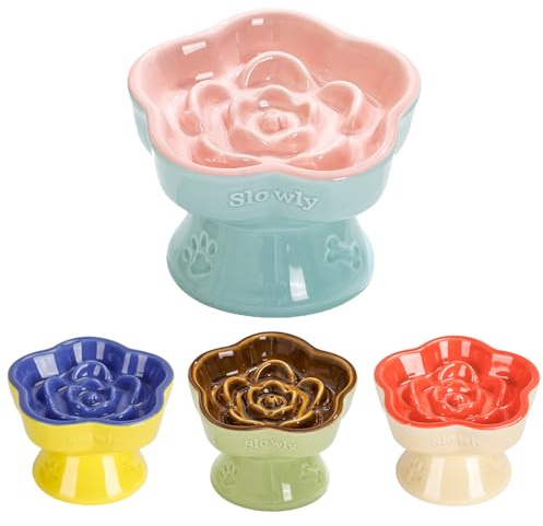 S&Q's CERAMICS Raised Slow Feeder Cat Bowl, Ceramic Elevated and Titled Glass Food Bowl Small Dogs Slow Feeder, Flower Shaped Cute Cat Dish for Dry and Wet Food (Pink, 5.8)