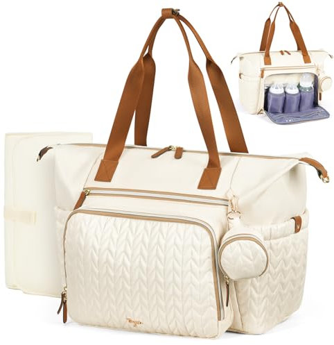Tonyeee Wickeltasche mit Schnullertasche und Wickelunterlage, Wickelrucksack Multifunktions-Babytasche für Große Reisewindeltasche für Mama und Papa, isolierten Taschen-Beige